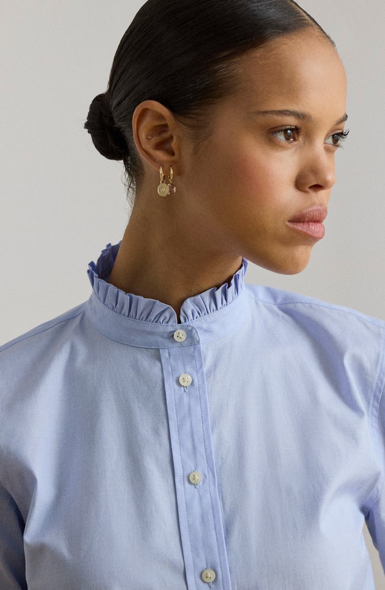 Lauren Ralph Lauren Ruffle Trim Cotton End-on-End Button-Up Shirt, Alternate, color, Light Sky Blue