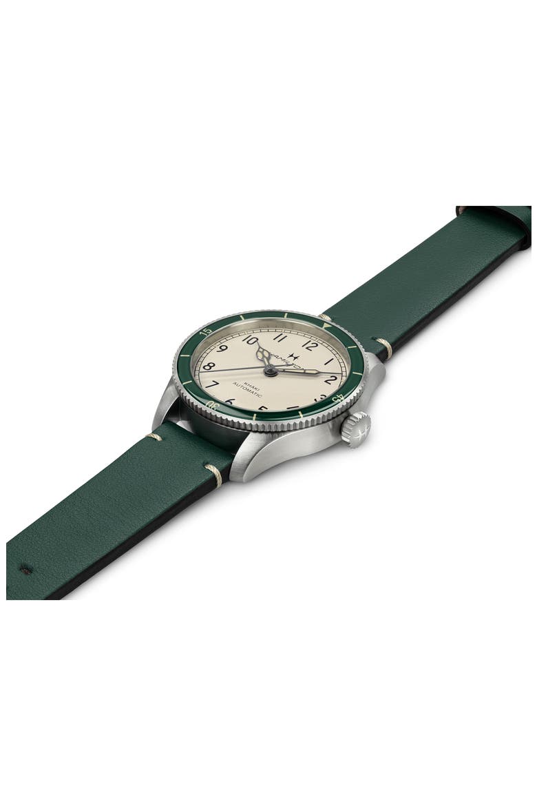 Khaki Aviation Leather Strap Watch, 38mm, Alternate, color, WHITE / GREEN