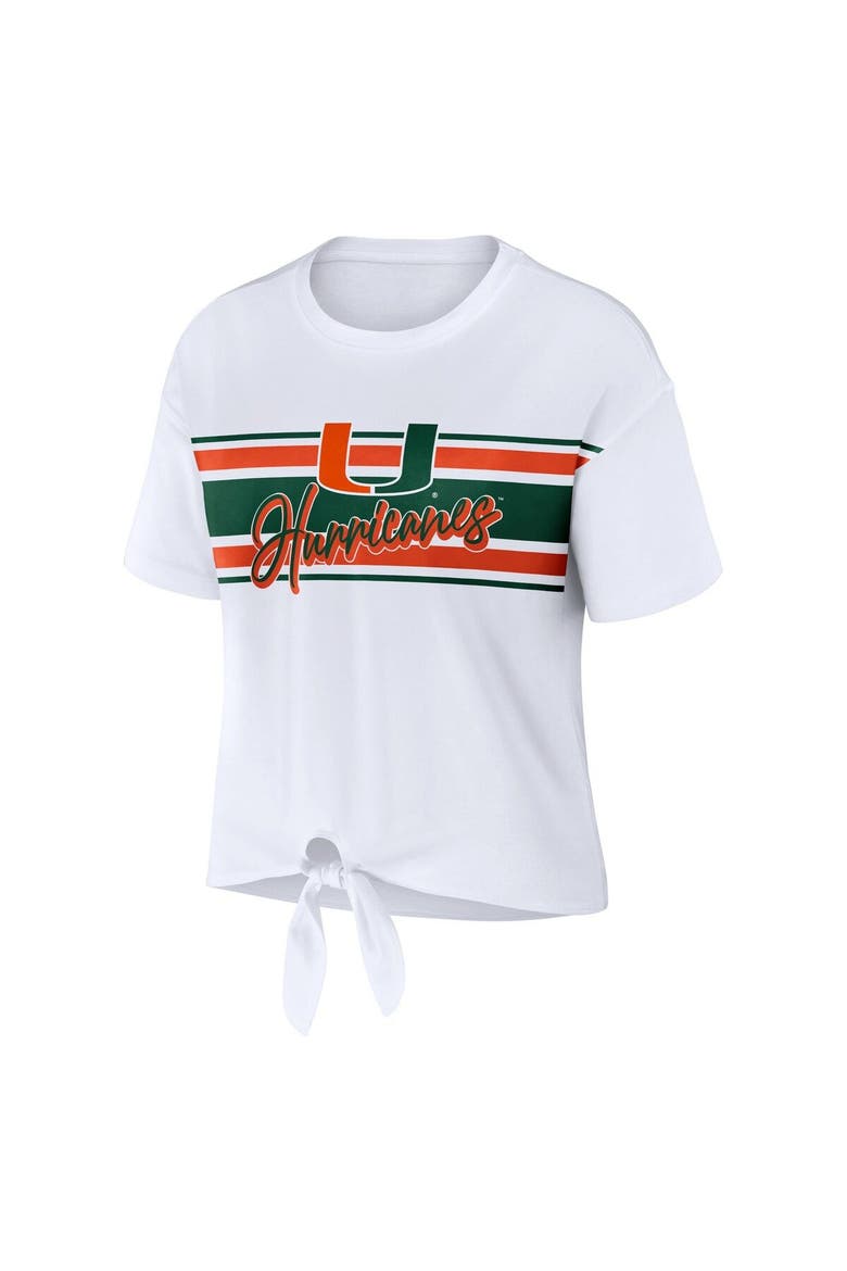 Women's WEAR by Erin Andrews White Miami Hurricanes Striped Front Knot Cropped T-Shirt, Alternate, color, White