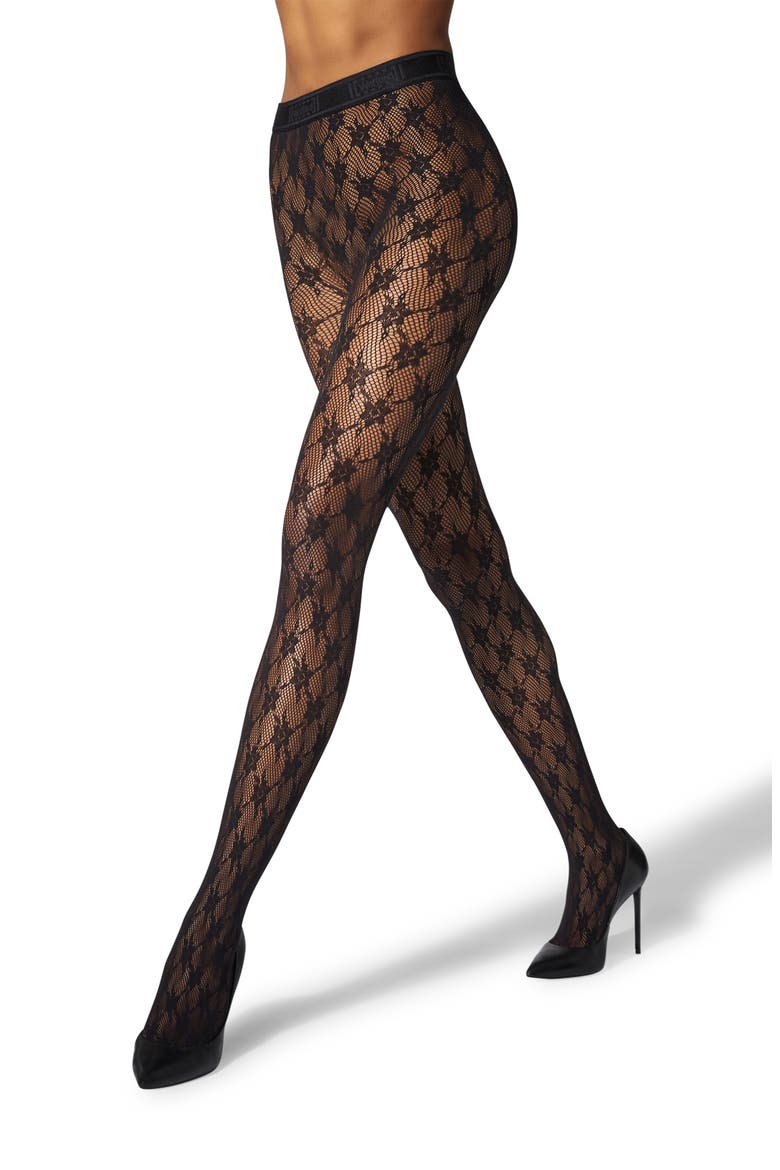 Rose Floral Fishnet Tights, Main, color, BLACK