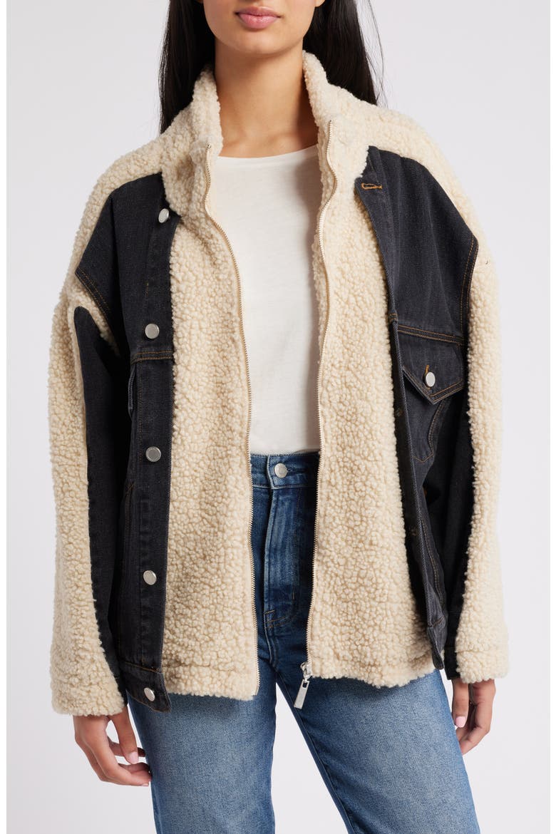 High Pile Fleece & Denim Trucker Jacket, Main, color, BLACK EYES