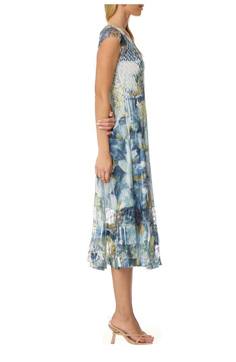 Komarov Abstract Floral Charmuese Dress with Lace Cap Sleeve, Alternate, color, Painted Petal