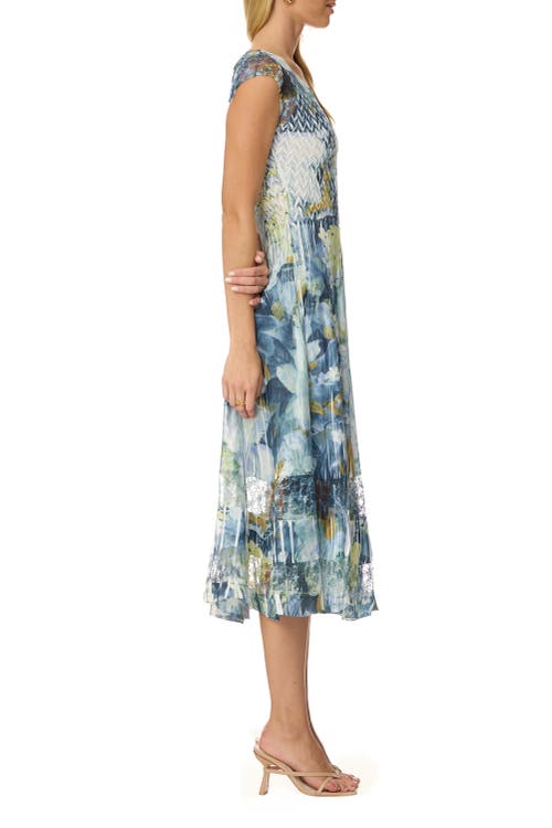 Komarov Abstract Floral Charmuese Dress With Lace Cap Sleeve In Blue