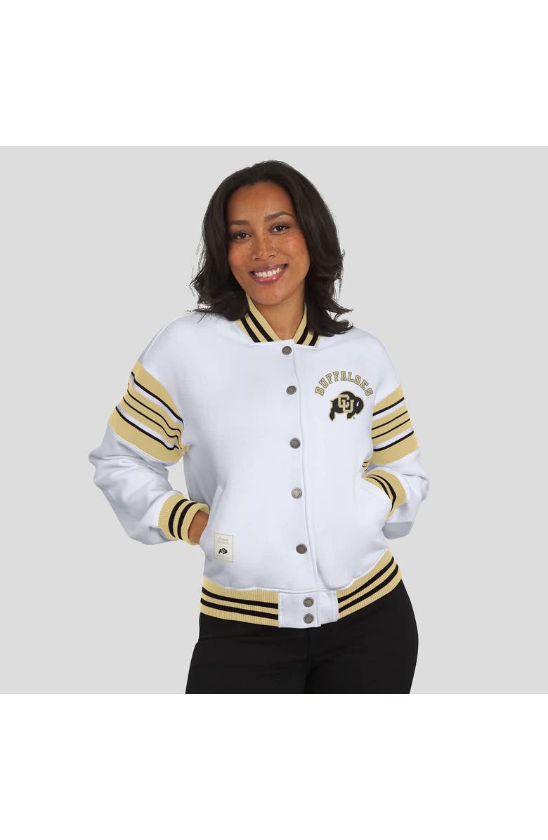 WEAR by Erin Andrews Women
s WEAR by Erin Andrews White/Gold Colorado Buffaloes Satin Stitch Full-Snap Fleece Sweatshirt Jacket, Alternate, color, White