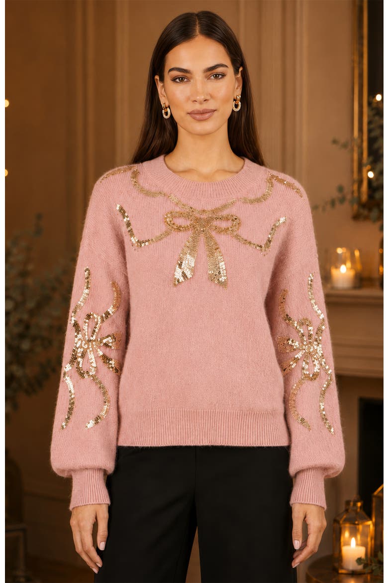 Sequinned Bow Neckline Jumper, Alternate, color, Blush
