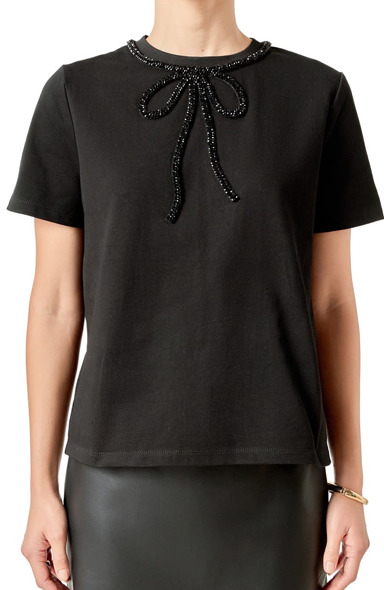 English Factory Beaded Bow Cotton T-Shirt, Alternate, color, Black