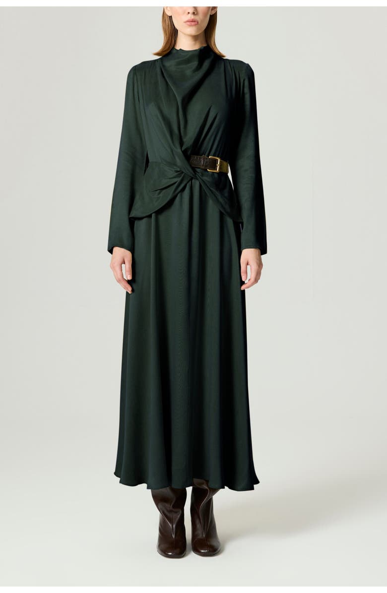 Nocturne Draped Belted Long-Sleeve Maxi Dress, Main, color, Dark Green