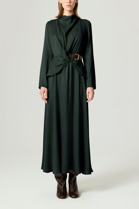 Draped Belted Long-Sleeve Maxi Dress