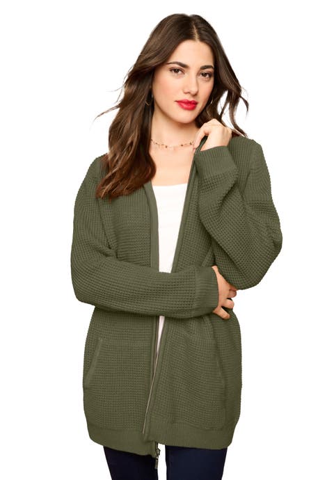 Plus Size Waffle Knit Zip-Front Relaxed Hoodie (Plus)