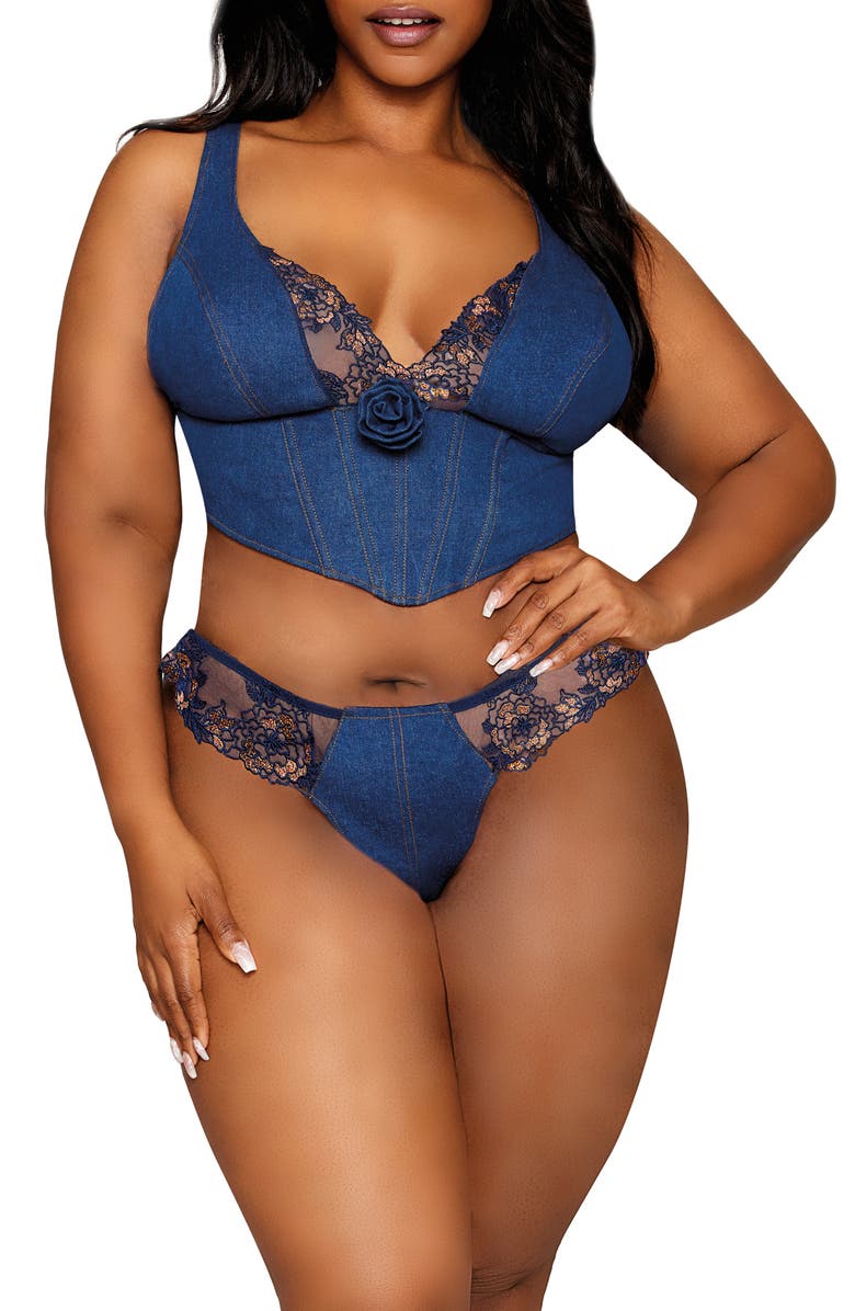 Dreamgirl Embroidered Trim Denim Bustier & Thong, Main, color, 
