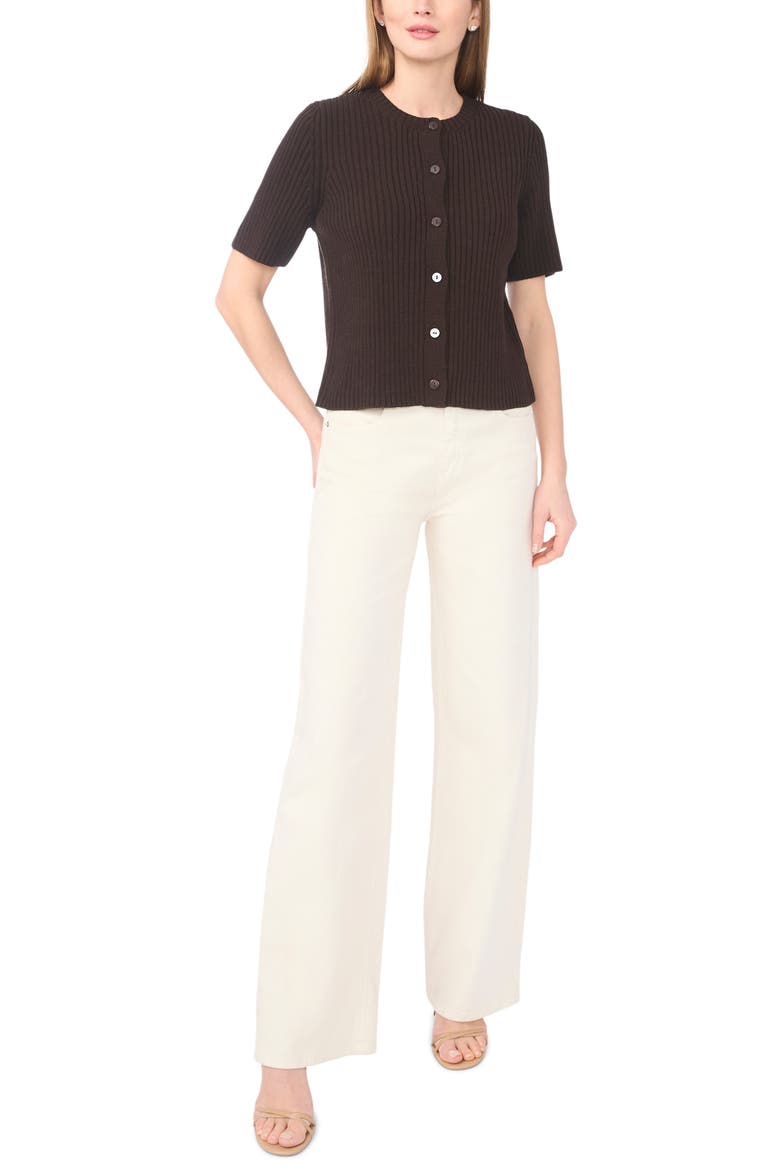 Ribbed Short Sleeve Cardigan, Alternate, color, CHOCOLATE