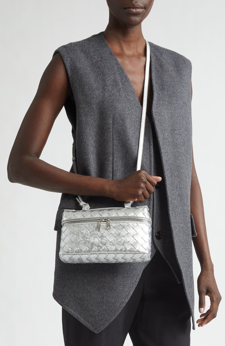 Bottega Veneta Bang Bang Intrecciato Metallic Leather Crossbody Vanity Case, Alternate, color, 8101 Silver / Silver