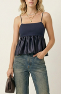 Modenaire Knit Ribbed Bodice Satin Babydoll Cami Top
