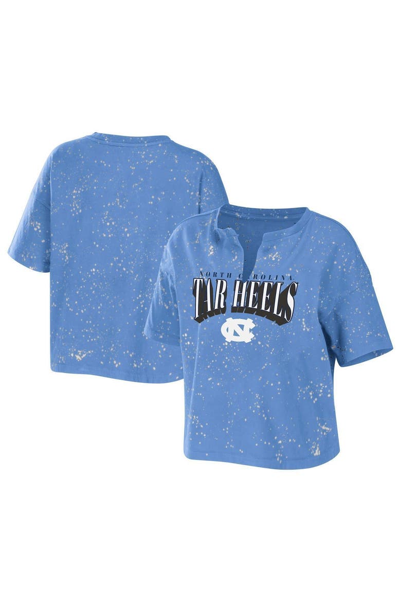 Women's WEAR by Erin Andrews Carolina Blue North Carolina Tar Heels Bleach Wash Splatter Cropped Notch Neck T-Shirt, Alternate, color, Light Blue
