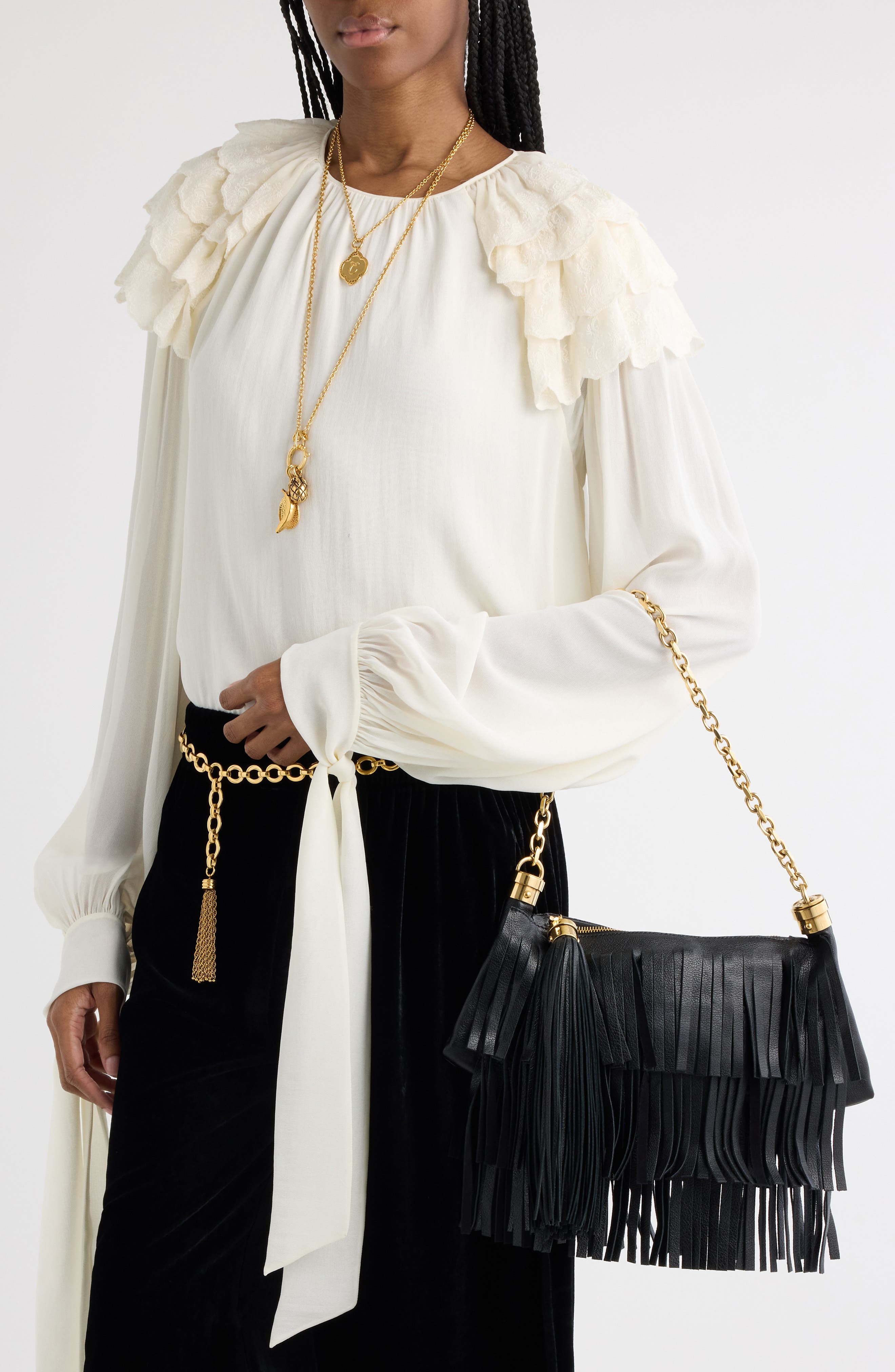 Chloé Small Foulard Fringe Leather Shoulder Bag, Alternate, color, 