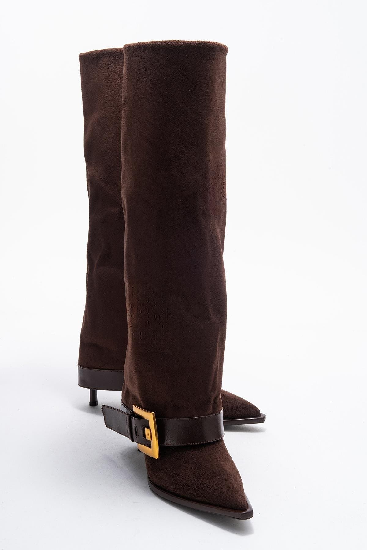 Prologue Shoes Elva Buckle Strap Knee High Boot, Alternate, color, Brown Suede Faux Leather
