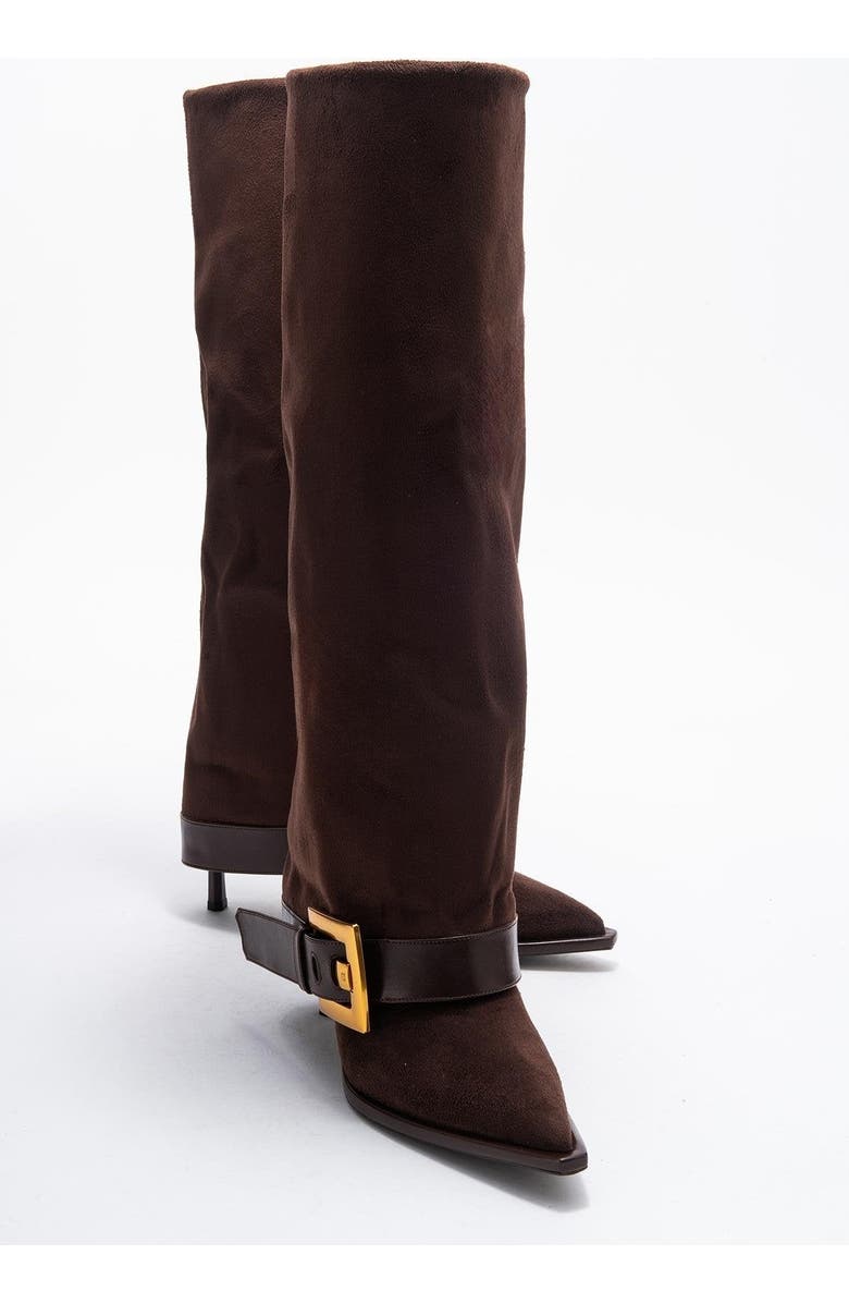 Prologue Shoes Elva Buckle Strap Knee High Boot, Alternate, color, Brown Suede Faux Leather