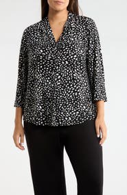 AK ANNE KLEIN Print Pleat Three-Quarter Sleeve Top
