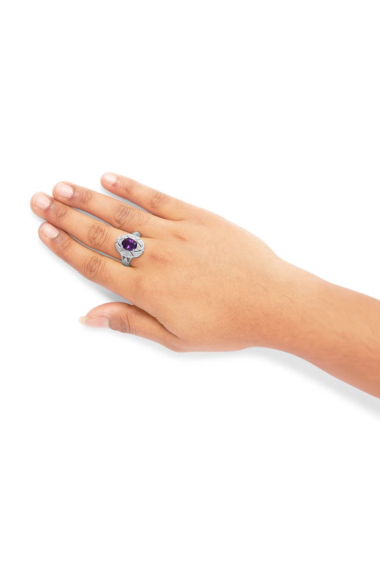 Silver 9x7mm Oval Purple Amethyst and Diamond Accent Cocktail Ring, Alternate, color, White