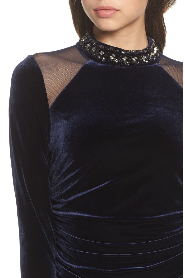 Mesh Panel Embellished Velvet Gown, Alternate, color, NAVY