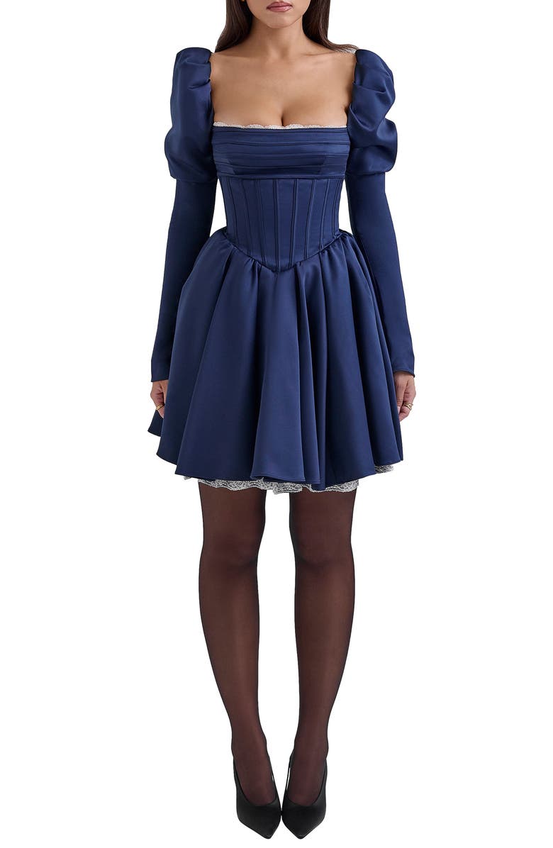 HOUSE OF CB Venetia Puff Shoulder Lace Corset Minidress, Main, color, Dress Blues