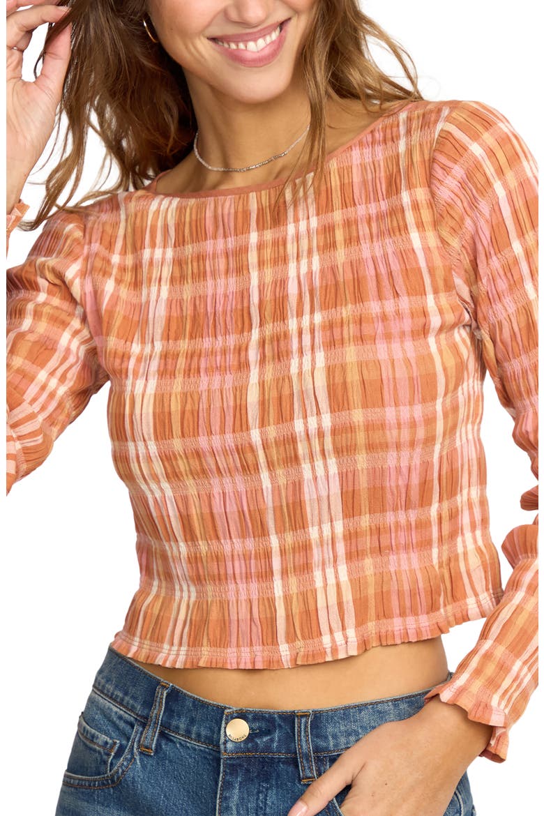 Check Me Out Plaid Smocked Crop Stretch Cotton Top, Alternate, color, SUNBURNT
