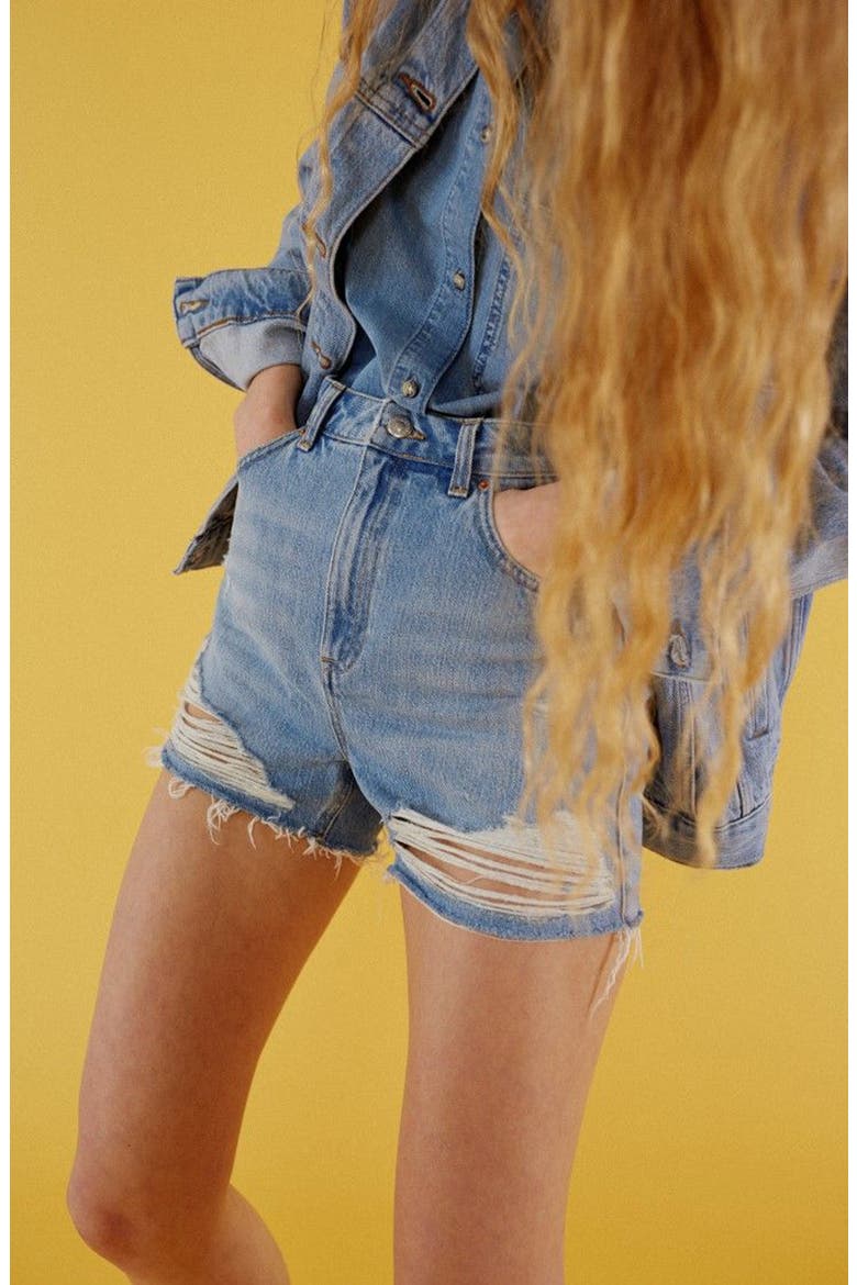 Ripped Denim Mom Shorts, Alternate, color, MID DENIM