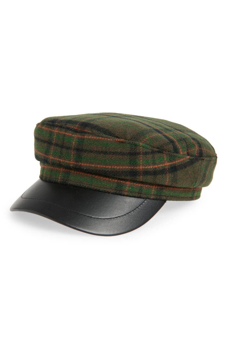 NORDSTROM RACK Plaid Faux Leather Brim Cabbie Driving Cap, Main, color, Green Plaid
