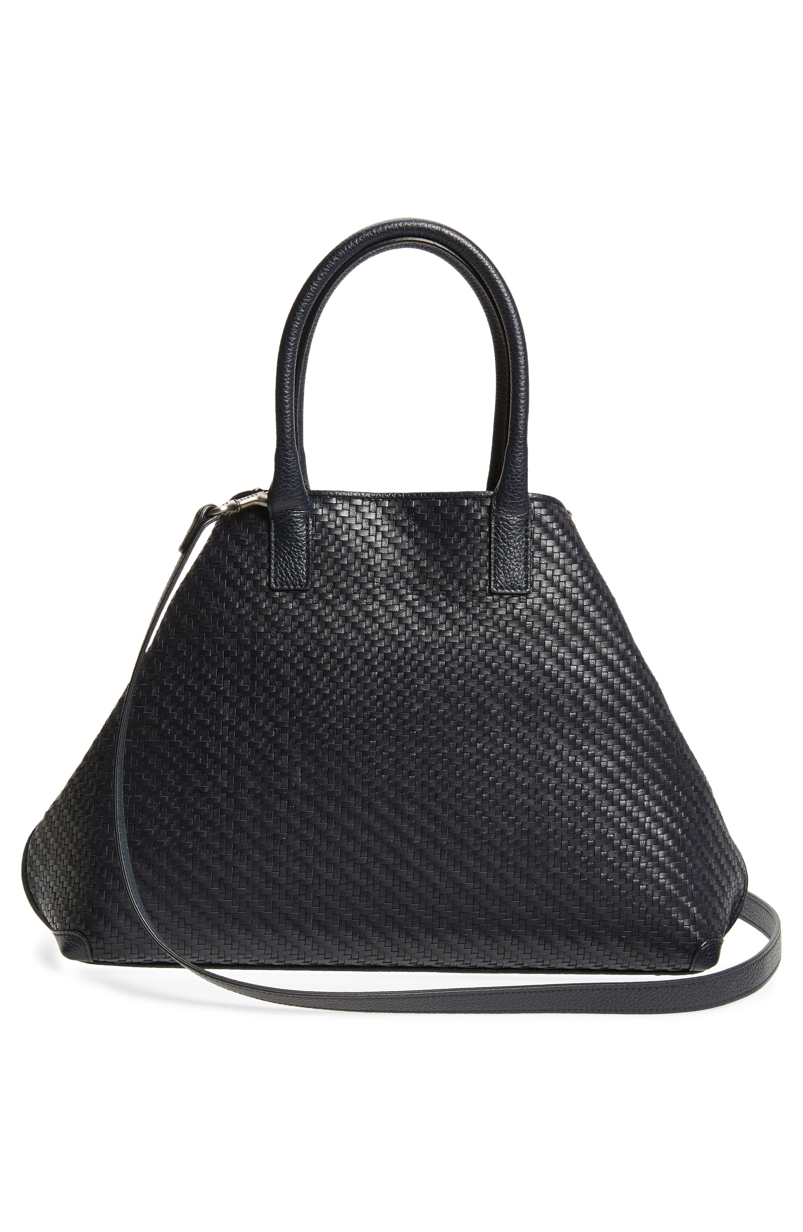 Small AI Woven Plaid Calfskin Leather Tote, Alternate, color, DENIM