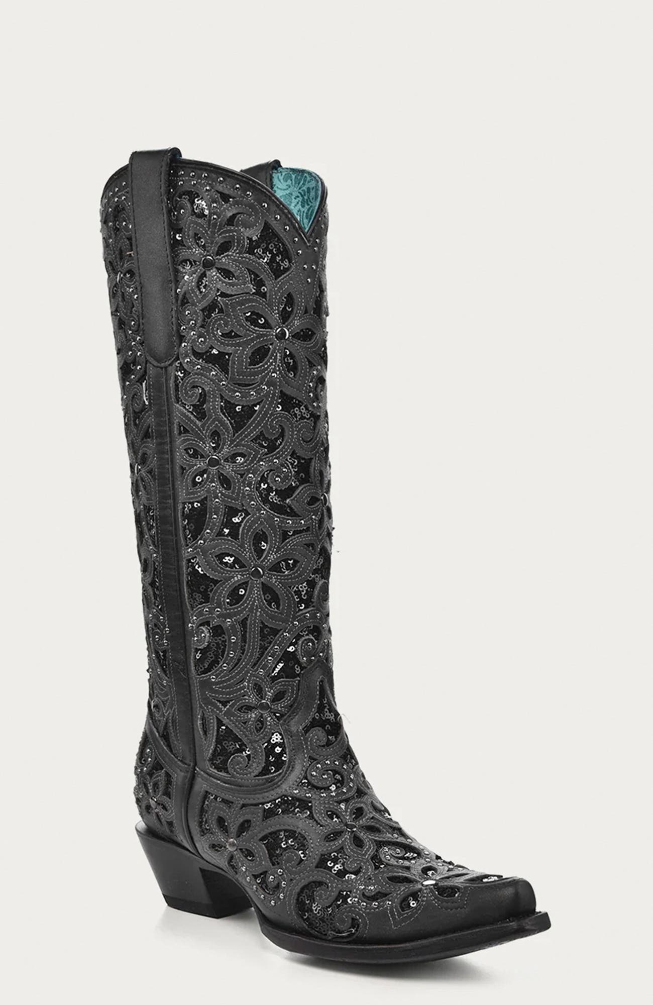 Cowhide Embroidered Inlay Studded Snip Toe Tall Boots, Main, color, Black