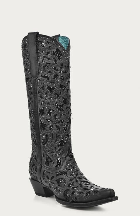 Cowhide Embroidered Inlay Studded Snip Toe Tall Boots