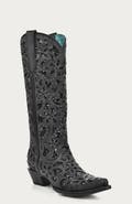 CORRAL Cowhide Embroidered Inlay Studded Snip Toe Tall Boots