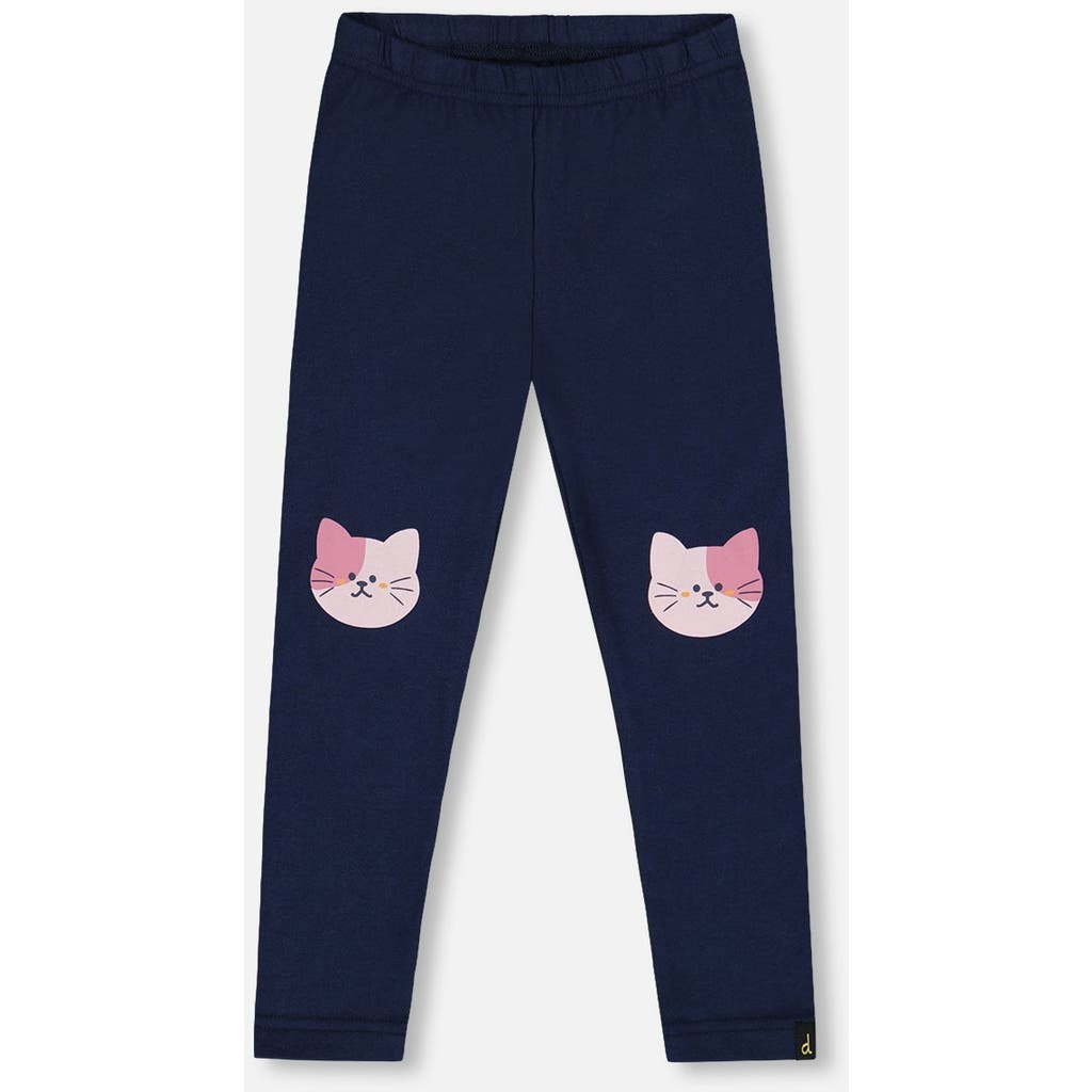 Deux Par Deux Organic Cotton Jersey Leggings With Cats In Blue
