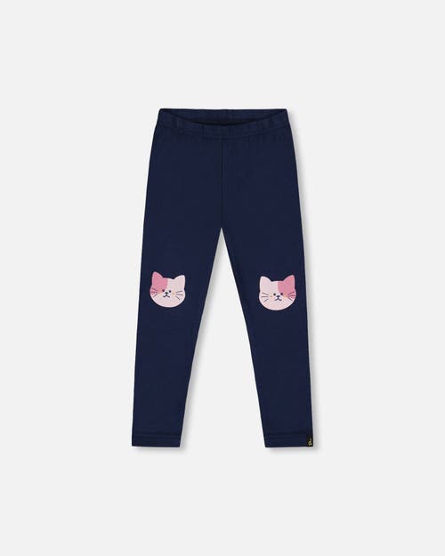 Deux Par Deux Kids'  Organic Cotton Jersey Leggings With Cats In Blue