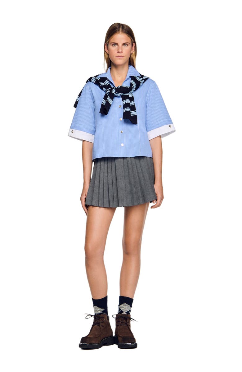 SANDRO Cropped small-check shirt, Alternate, color, Ciel / Blanc