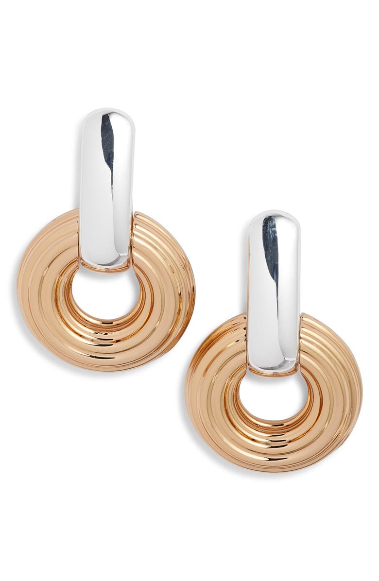 Tory Burch Doorknocker Drop Earrings, Main, color, Light Brass / Light Silver