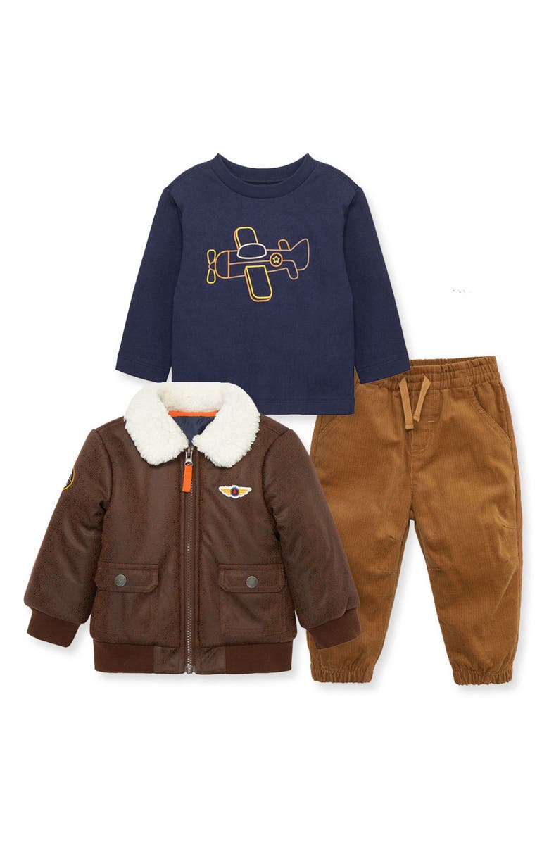 Little Me Aviator Bomber Jacket, Graphic T-Shirt & Corduroy Pants Set, Main, color,