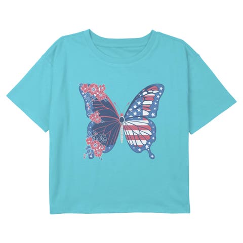 Girls' Flag Floral Butterfly Short Sleeve Boxy Cropped T-shirt