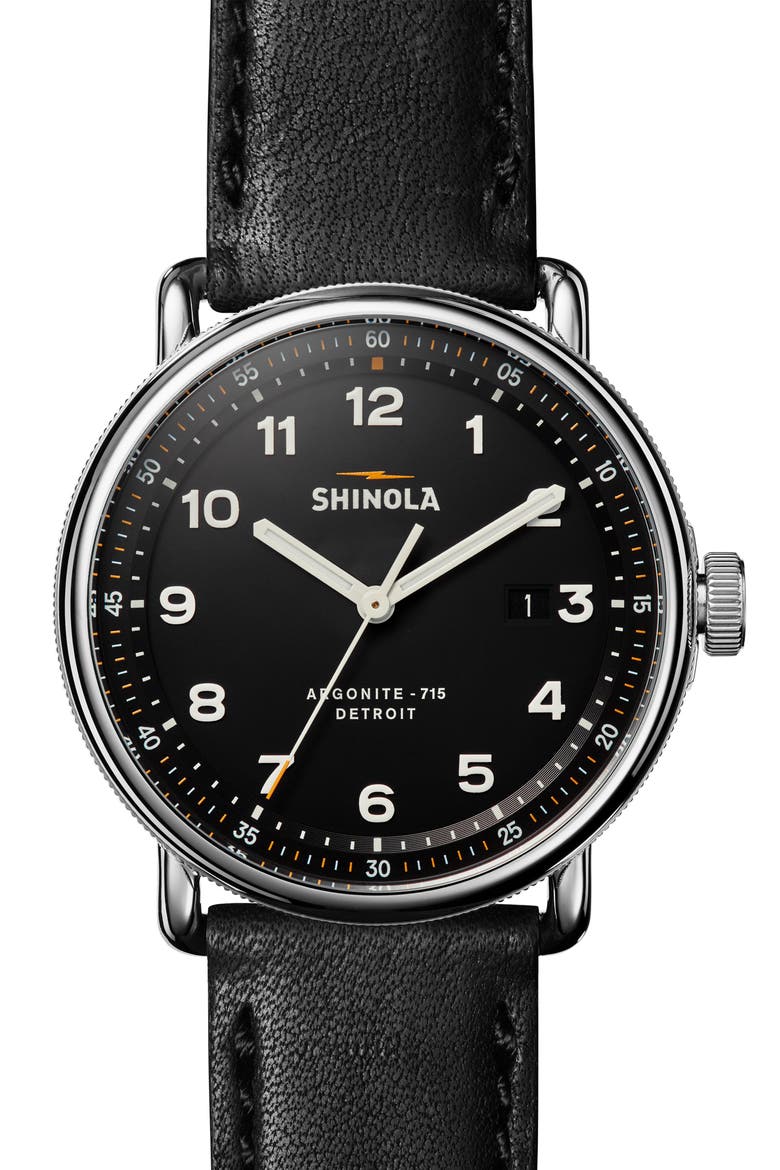 The Canfield Leather Strap Watch, 43mm, Main, color, BLACK/ SILVER