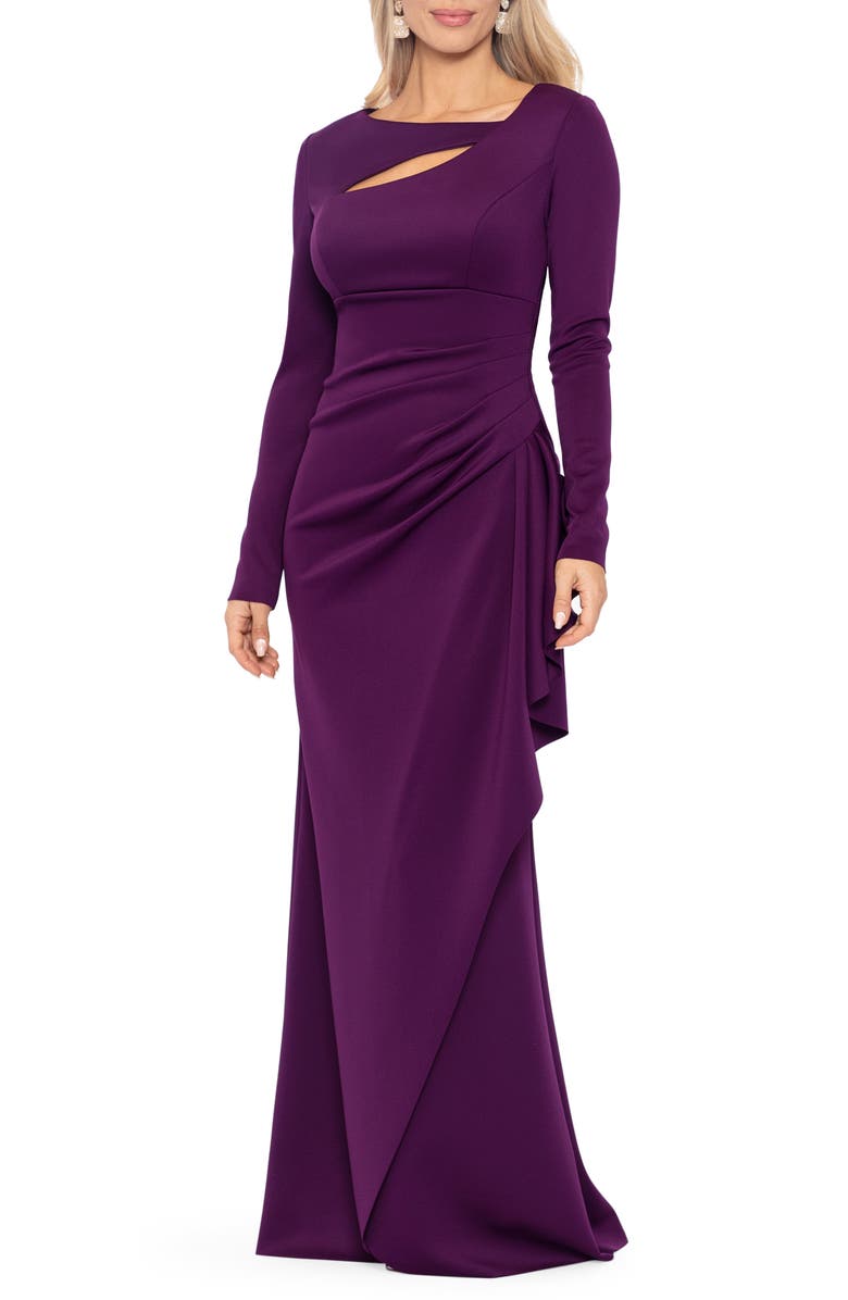 Xscape Evenings Cutout Side Pleat Long Sleeve Scuba Crepe Gown, Alternate, color,