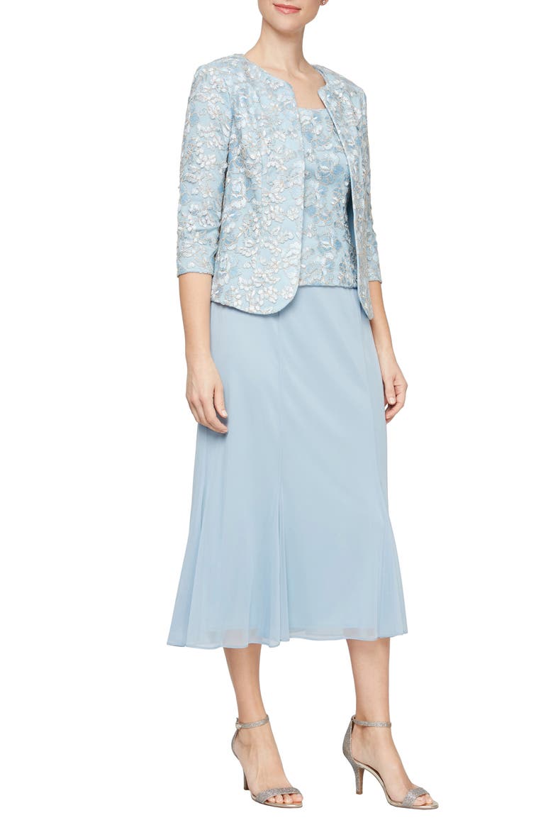 Lace Bodice Godet Midi Dress with Jacket, Main, color, LIGHT BLUE