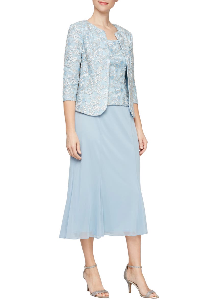 Alex Evenings Lace Bodice Godet Midi Dress with Jacket, Main, color, 