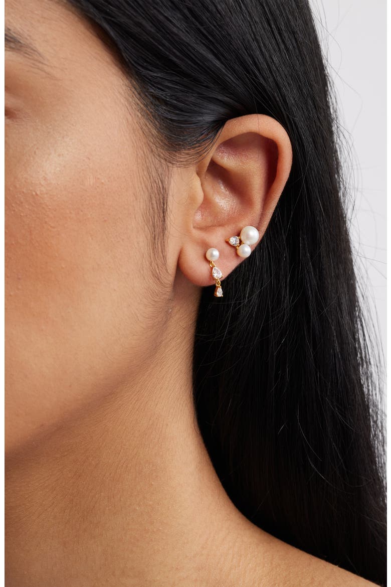 Set of 3 Faux Pearl & Cubic Zirconia Earrings, Alternate, color, WHITE- CLEAR- GOLD