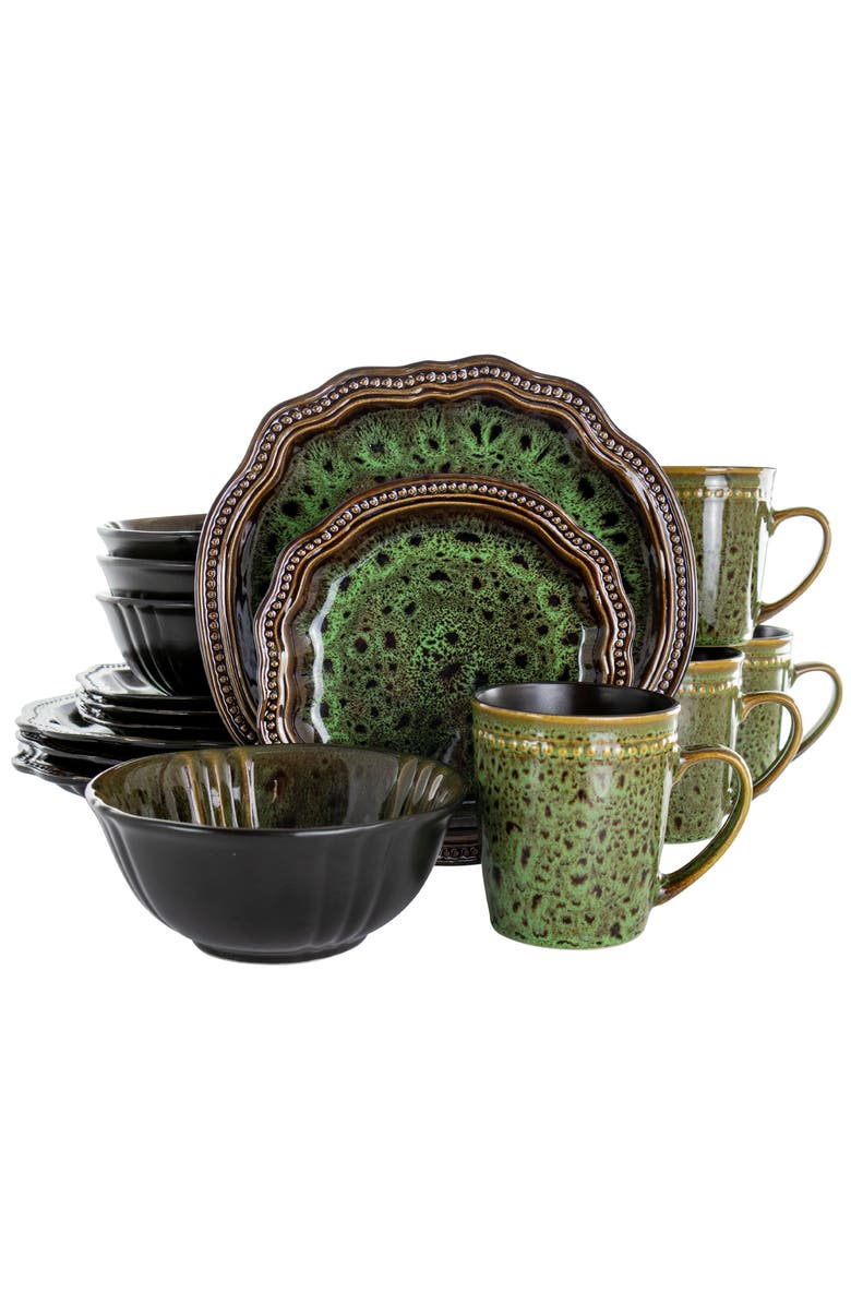 Elama Jade Waves 16 Piece Stoneware Dinnerware Set, Main, color, Green