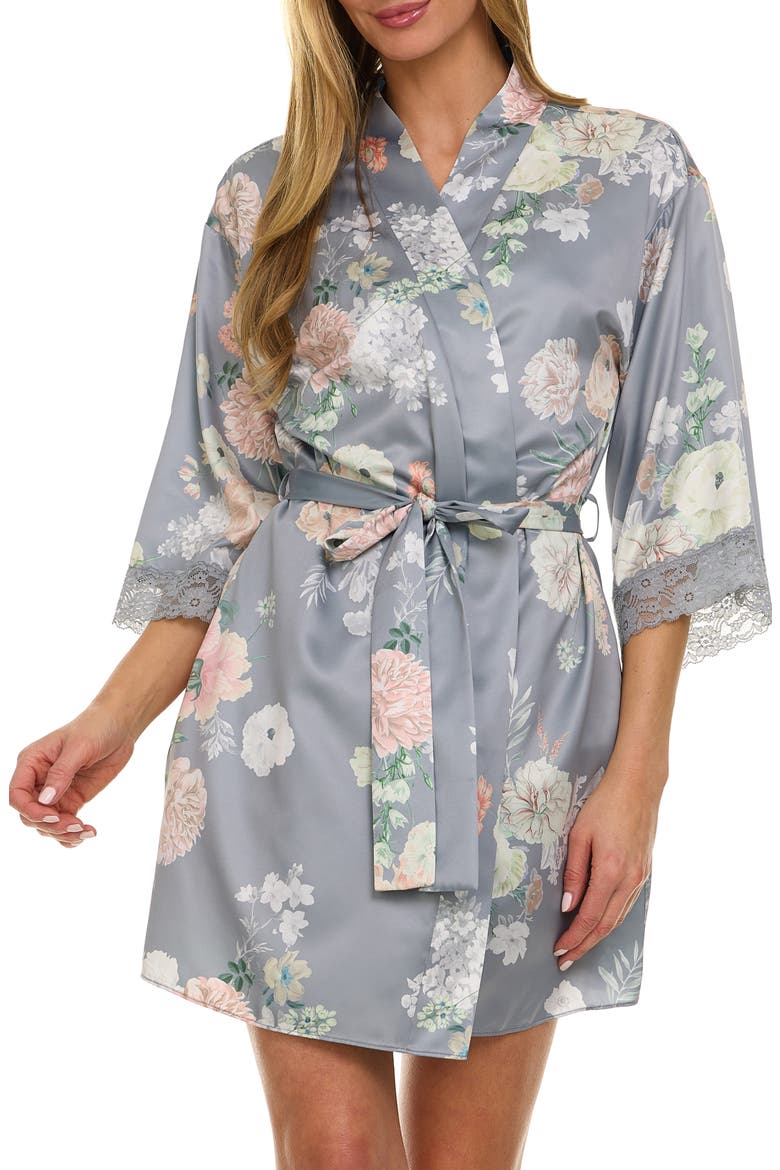 Sabrina Floral Print Satin Short Pajamas & Robe Set, Alternate, color, COOL GREY