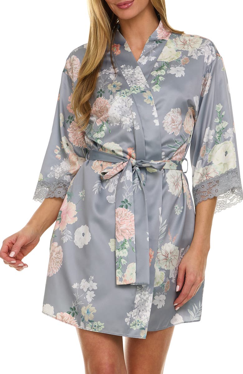 Flora Nikrooz Sabrina Floral Print Satin Short Pajamas & Robe Set, Alternate, color, Cool Grey