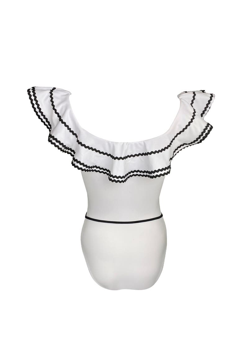 Kids' Off Shoulder Black Crochet Flower Belt One-Piece Swimsuit, Alternate, color, White
