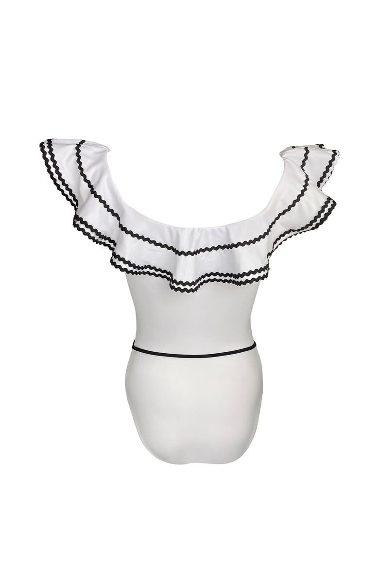 NESSI BYRD Kids' Off Shoulder Black Crochet Flower Belt One-Piece Swimsuit, Alternate, color, White