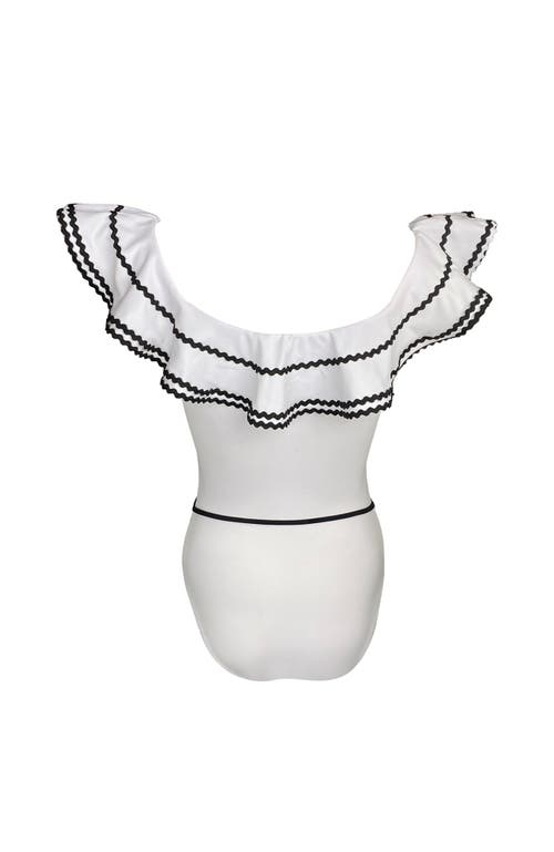 Nessi Byrd Kids' Off Shoulder Black Crochet Flower Belt One-piece Swimsuit