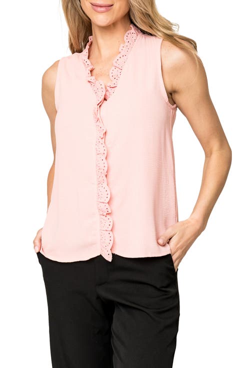 Embroidered Eyelet Trim Button-Up Top